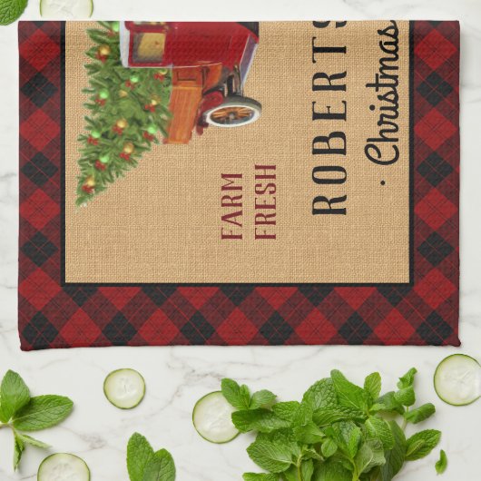 Kerstboom Boerderij  Truck Red Pset Rustige Theedoek (Gevouwen)