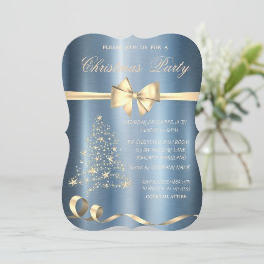 Kerstboom, Bow Blue Metallic Kerstparty Kaart (Staand voorkant)