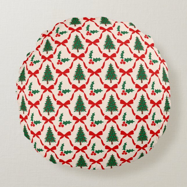 Kerstboom & Bow Patroon Ronde Kussen (Voorkant)