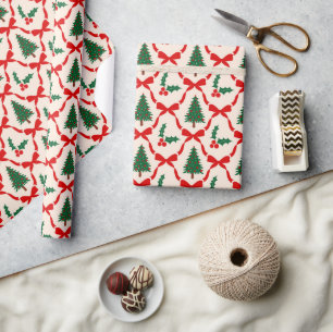 Kerstboom & Bow Pattern Wrapping Papierrol Cadeaupapier