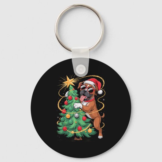 Kerstboom Boxer Dog Sungles Sleutelhanger (Voorkant)