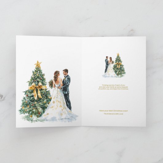 Kerstboom bruiloft paar onze eerste kerst kaart (Binnen)