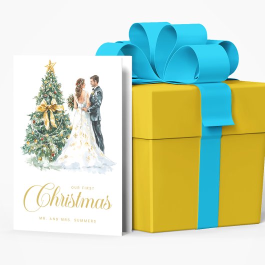 Kerstboom bruiloft paar onze eerste kerst kaart