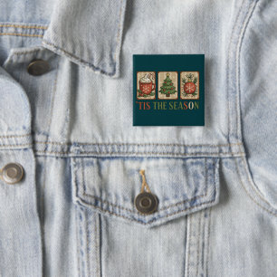 Kerstboom Cacao Retro Vakantie Het Is Het Seizoen  Vierkante Button 5,1 Cm
