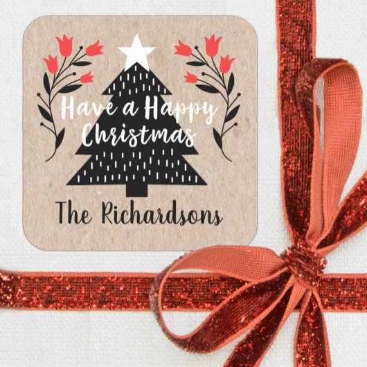 Kerstboom cadeaubijlage in rustieke kraftstijl vierkante sticker