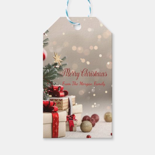 Kerstboom Cadeaus Bokeh Cadeaulabel (Voorkant)
