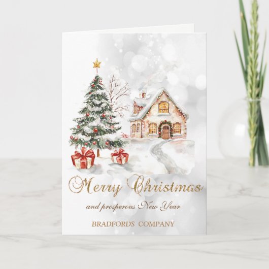 Kerstboom Cadeaus Huis Bokeh Company Feestdagen Kaart (Voorkant)