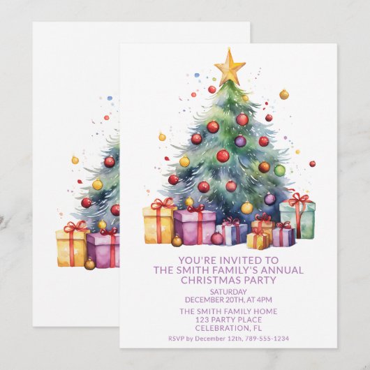 Kerstboom Cadeaus Paarse Feest Kaart (Voorkant / Achterkant)