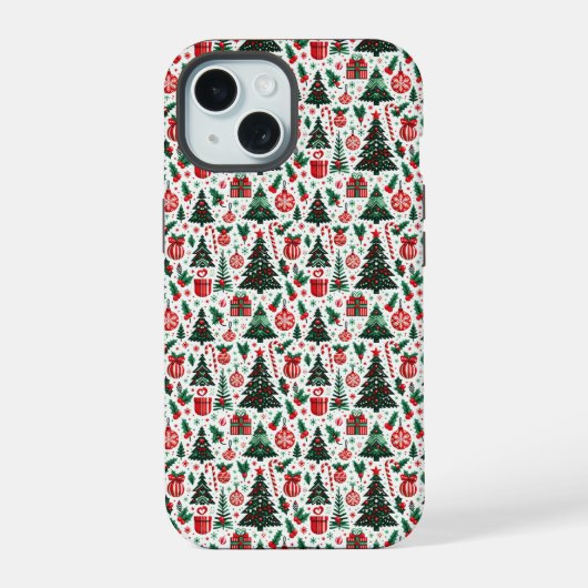 Kerstboom, cadeaus, snoepstok iPhone 15 case (Achterkant)