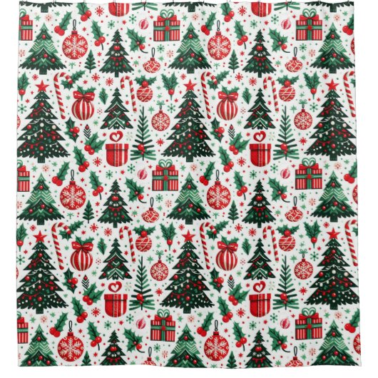 Kerstboom, cadeaus, suikerriet douchegordijn (Voorkant)