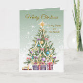 Kerstboom, cadeaus, zus en haar familie feestdagen kaart (Voorkant)
