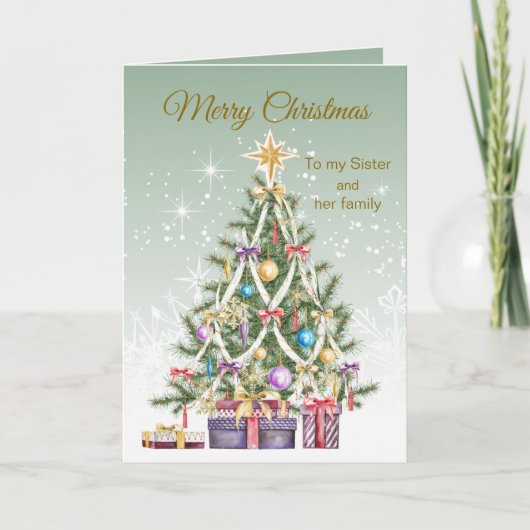 Kerstboom, cadeaus, zus en haar familie feestdagen kaart (Voorkant)