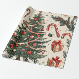 Kerstboom Crème Rood Groen Toile Cadeaupapier