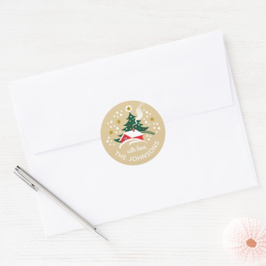 Kerstboom Custom Name Snow Gold Ronde Sticker (Envelop)