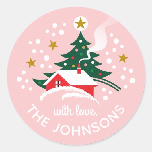Kerstboom Custom Name Snow  Pink Ronde Sticker (Voorkant)