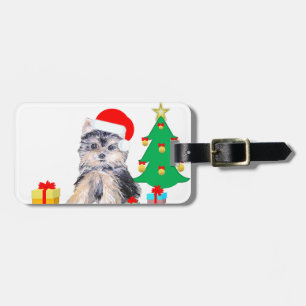 Kerstboom, cute Yorkshire puppy hond & cadeaus Bagagelabel