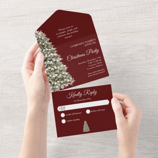 Kerstboom Dark Red Company Holiday Party All In One Uitnodiging (Afscheurbaar)