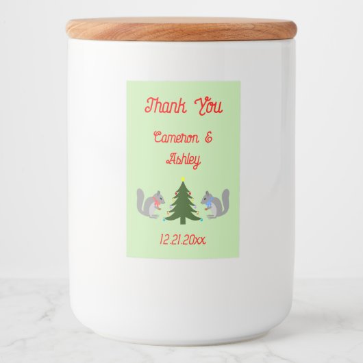 Kerstboom Decorating Eekhoorns Custom Wedding Voedselcontainer Etiket (Voorkant)