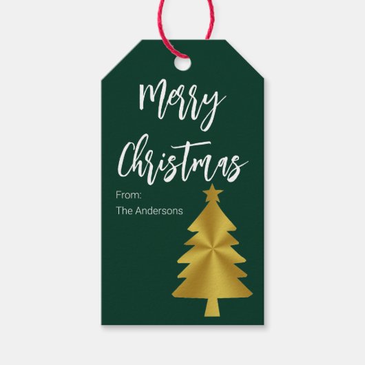 Kerstboom donkergroen en goud naam cadeaulabel (Voorkant)