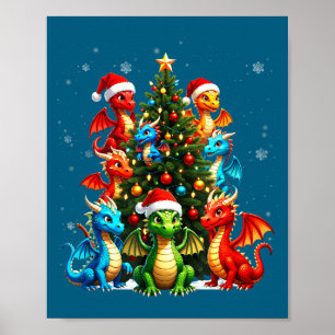 Kerstboom Draken Team Kerstman Hoed Fantasy Mythe Poster
