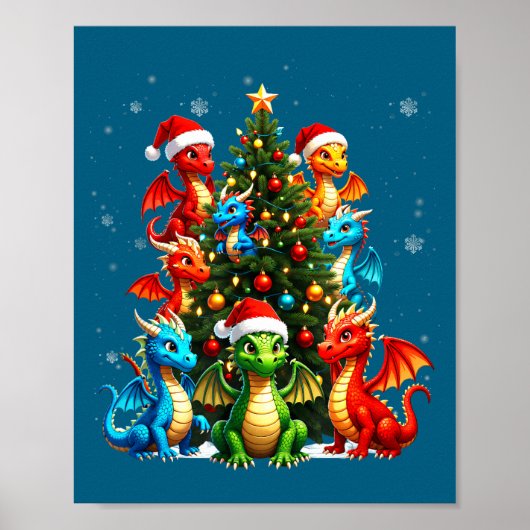 Kerstboom Draken Team Kerstman Hoed Fantasy Mythe Poster (Voorkant)