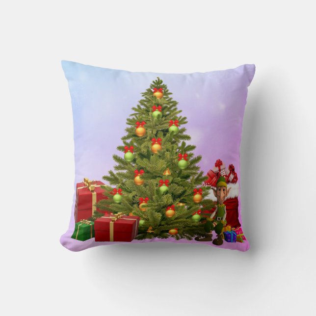Kerstboom Elf & Cadeaus Worp Kussen (Voorkant)