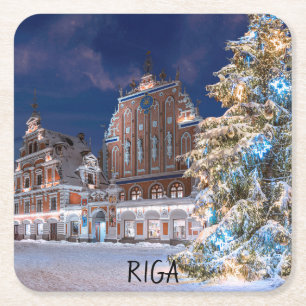 Kerstboom en Blackhead-huis op Riga Square Kartonnen Onderzetters