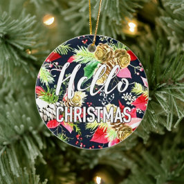 Kerstboom en bloemen keramisch ornament