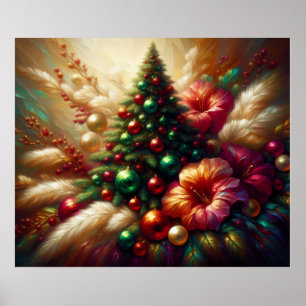 Kerstboom en bloemen op een mooie muur poster