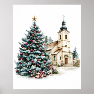 Kerstboom en dorpskerk poster