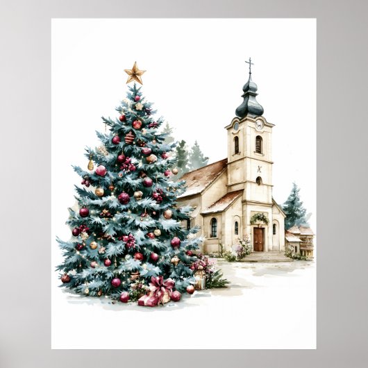 Kerstboom en dorpskerk poster (Voorkant)