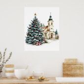 Kerstboom en dorpskerk poster (Keuken)