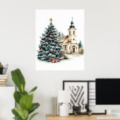Kerstboom en dorpskerk poster (Thuiskantoor)