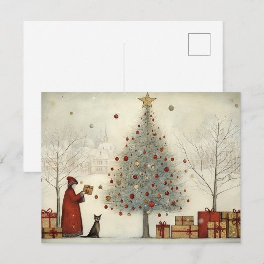 Kerstboom en een kat briefkaart (Voorkant / Achterkant)