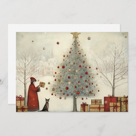 Kerstboom en een kat feestdagenkaart (Voorkant / Achterkant)