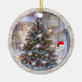 Kerstboom en geit in Santa Hat Keramisch Ornament