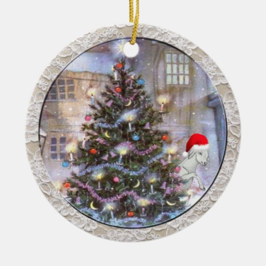 Kerstboom en geit in Santa Hat Keramisch Ornament (Voorkant)