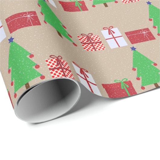 Kerstboom en geschenken op beige inpakpapier (Rol Hoek)