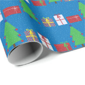 Kerstboom en geschenken op blauw inpakpapier (Rol Hoek)