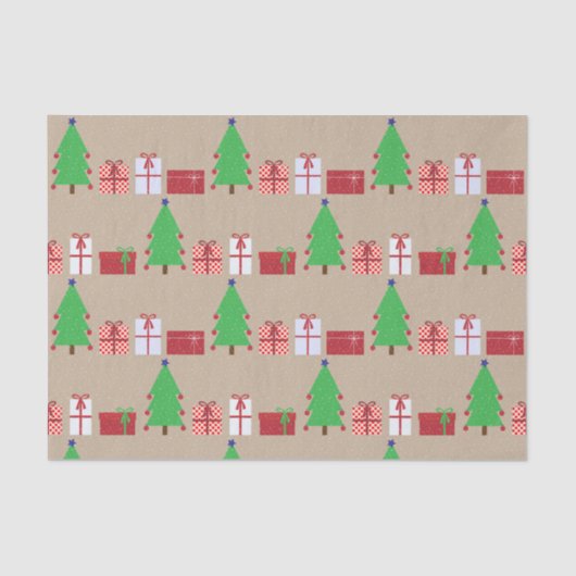 Kerstboom en Giften op Beige Tissue Paper Tissuepapier (Voorkant)
