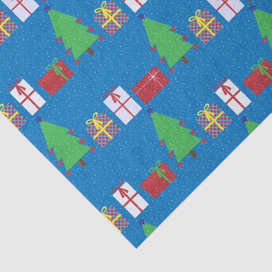 Kerstboom en Giften op Blauw Weefseldocument Tissuepapier (Detail)