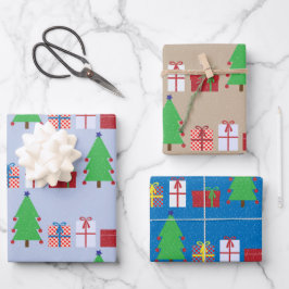 Kerstboom en Gifts Blauw Beige en Kleurrijk Inpakpapier Vel