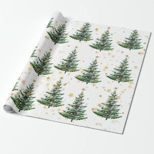 Kerstboom en gouden sterren cadeaupapier