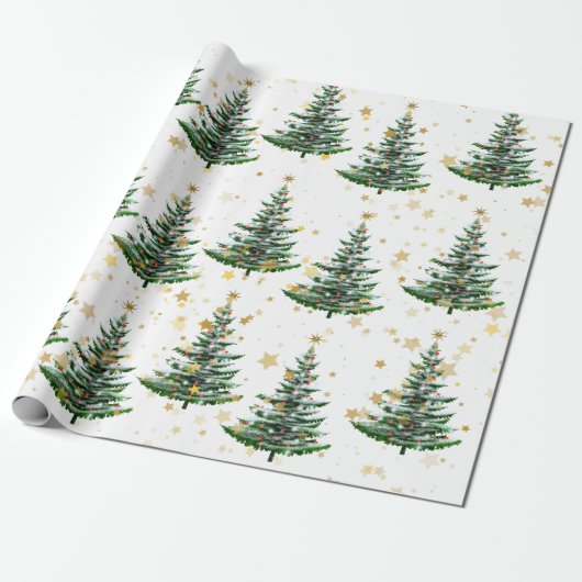Kerstboom en gouden sterren cadeaupapier (Uitgerold)