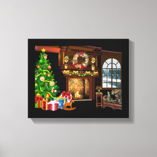 kerstboom en haard canvas afdruk