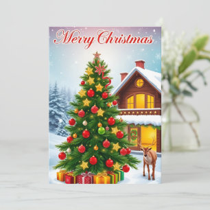 kerstboom en hert feestdagenkaart