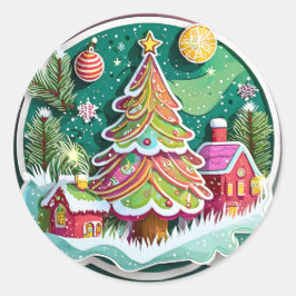 Kerstboom en hutten ronde sticker