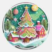 Kerstboom en hutten ronde sticker (Voorkant)