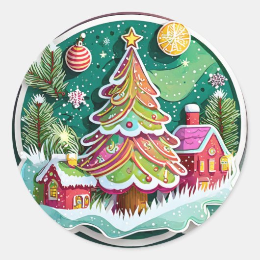 Kerstboom en hutten ronde sticker (Voorkant)