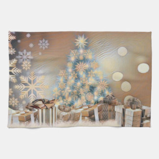 Kerstboom en kerstcadeaus waterverf theedoek